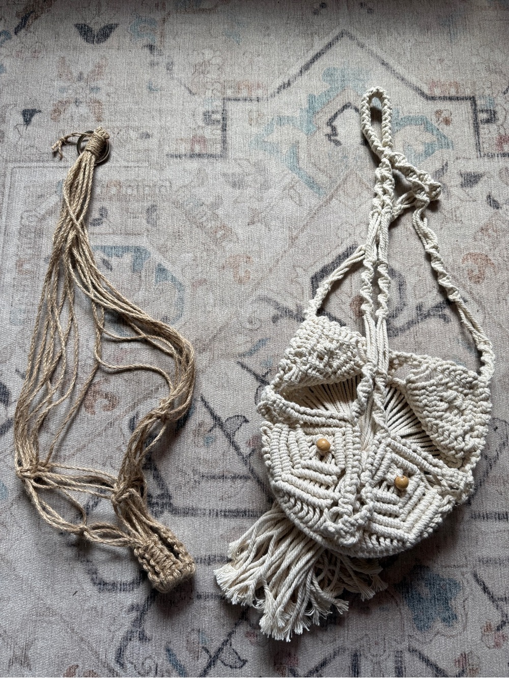 Handmade Macrame hanging plant holders in Natural Cream and jute.